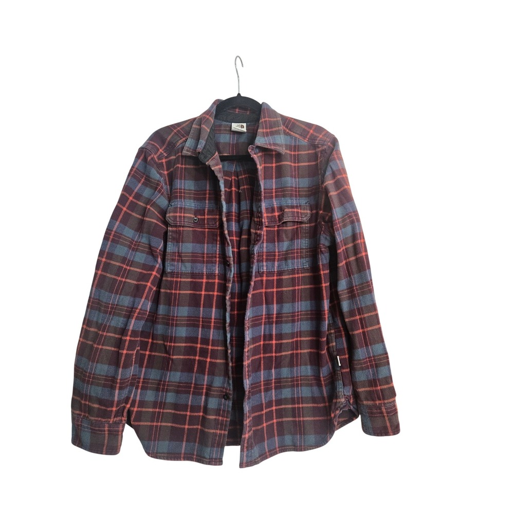 The North Face Mens Large Plaid Flannel Button Down Shirt Burgundy Navy Blue L